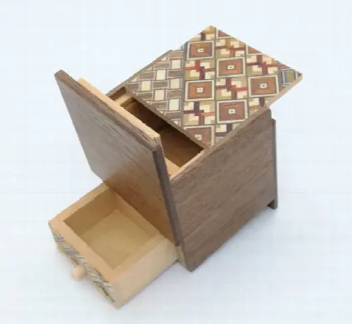 2 Sun 4 Step Natural Wood / Yosegi Cubic WITH HIDDEN DRAWER Japanese Puzzle Box - Image 1