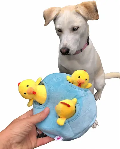 Dog Hide and Seek Toy, Plush Dog Puzzle Toys, Hide and Seek Plush Dog Toys, Farm Animal Dog Toy, Interactive Dog Toy, Burrow Dog Toy, Dog Toy with Squeaker (Egg and Chicken) - Image 1