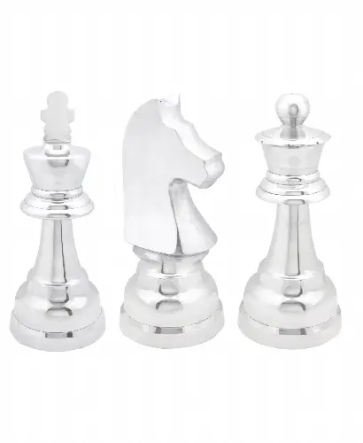 Set of 3 Silver Aluminum Traditional Chess Sculpture by CosmoLiving 4" x 9" - Image 1