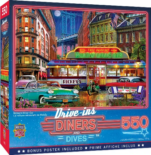 MasterPieces Drive-Ins, Diners and Dives Jigsaw Puzzle - Rickey's Diner Car - 550 Piece - Image 1