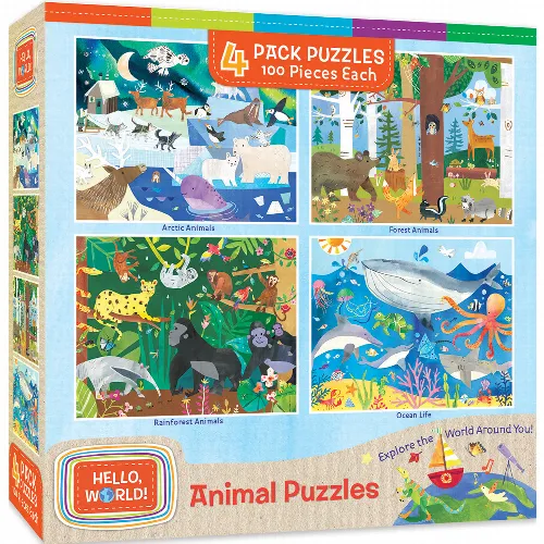MasterPieces 4-Pack Hello World! Animals 4 Pack Jigsaw Puzzle - Kids - 100 Piece - Image 1