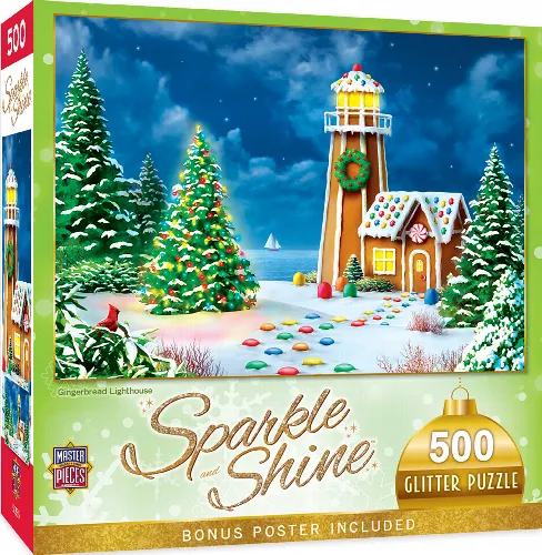 MasterPieces Holiday Glitter Christmas- Gingerbread Lighthouse By Alan Giana - 500 Piece - Image 1
