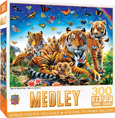 MasterPieces Medley Jigsaw Puzzle - Tiger & Butterflies - 300 Piece - Image 1
