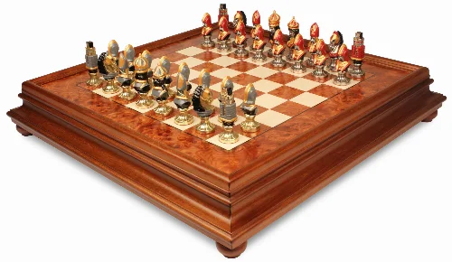 Medieval Theme Hand Painted Metal Chess Set with Elm Burl Chess Case - Image 1