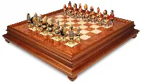 Medieval Theme Hand Painted Metal Chess Set with Elm Burl Chess Case