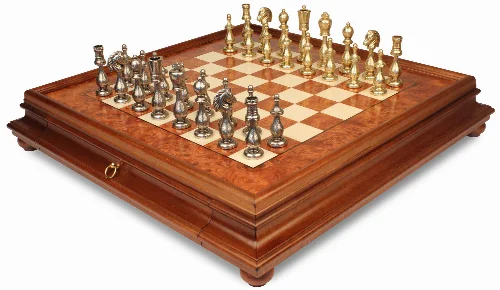 Large Arabesque Contemporary Staunton Metal Chess Set with Elm Burl Chess Case - Image 1