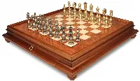 Large Arabesque Contemporary Staunton Metal Chess Set with Elm Burl Chess Case