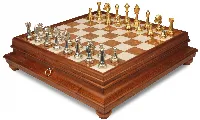 Italian Arabesque Staunton Gold & Silver Chess Set with Alabaster Chess Case
