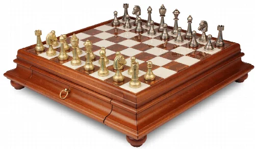 Italian Arabesque Staunton Metal Chess Set with Alabaster Chess Case - Image 1
