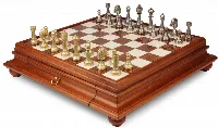 Italian Arabesque Staunton Metal Chess Set with Alabaster Chess Case