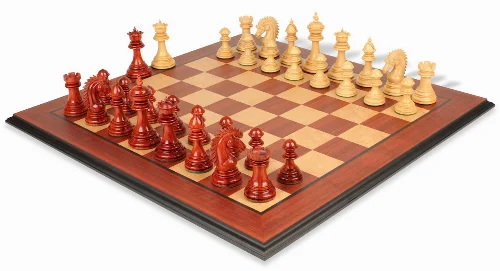 Cyrus Staunton Chess Set Padauk & Boxwood Pieces with Padauk & Bird's Eye Maple Molded Edge Board - 4.4" King - Image 1