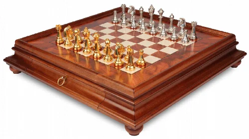 Italian Arabesque Staunton Gold & Silver Chess Set with Elm Burl Chess Case - Image 1