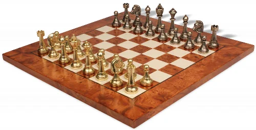 Italian Arabesque Staunton Metal Chess Set with Elm Burl Chess Board - Image 1