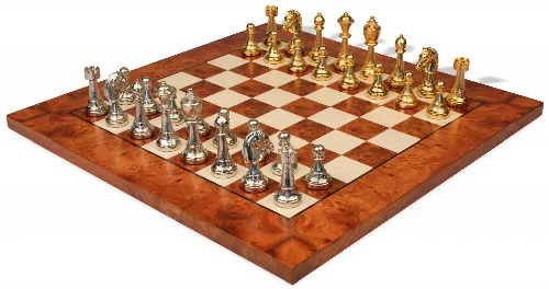Italian Arabesque Staunton Gold & Sliver Chess Set & Elm Burl Chess Board Package - Image 1