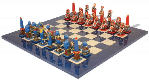 Large Egyptian Theme Hand Painted Metal Chess Set with Blue Ash Burl Chess Board - Image 1