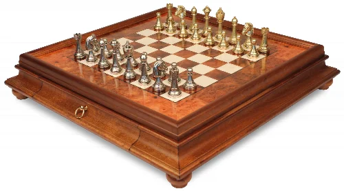Italian Arabesque Staunton Metal Chess Set with Elm Burl Chess Case - Image 1