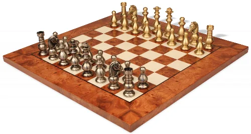 Classic French Staunton Brass Chess Set with Elm Burl Chess Board - Image 1