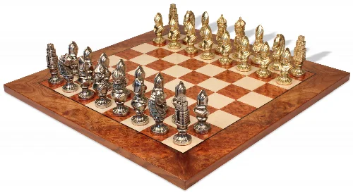 Medieval Theme Metal Chess Set with Elm Burl Chess Board - Image 1