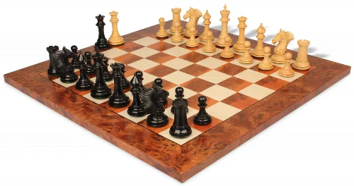Copenhagen Staunton Chess Set in Ebony & Boxwood with Elm Burl & Erable Board - 4.5" King - Image 1
