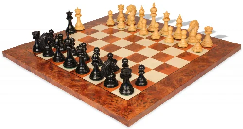 Cyrus Staunton Chess Set Ebony & Boxwood with Elm Burl & Erable Board - 4.4"King - Image 1