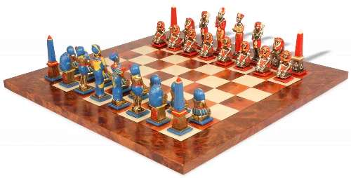 Large Egyptian Theme Hand Pained Metal Chess Set with Elm Burl Chess Board - Image 1
