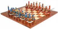 Large Egyptian Theme Hand Pained Metal Chess Set with Elm Burl Chess Board