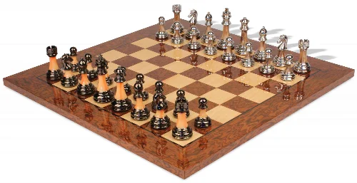 Decorative Staunton Silver & Black Anodized Chess Set with Brown Ash Burl Board - 3.5" King - Image 1