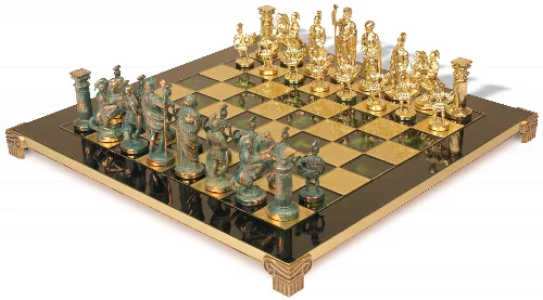 Romans Theme Chess Set with Brass & Green Copper Pieces - Green Board - Image 1