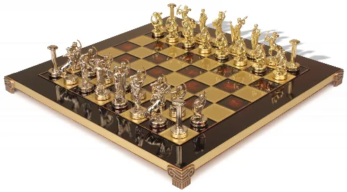 The Labors of Hercules Theme Chess Set with Brass & Nickel Pieces - Red Board - Image 1