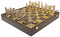 Large Poseidon Theme Chess Set Brass & Nickel Pieces with Blue Board on Case