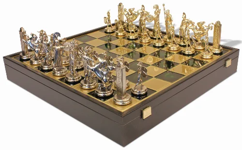 Large Poseidon Theme Chess Set Brass & Nickel Pieces with Green Board on Case - Image 1