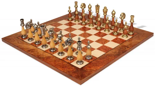 Large Italian Arabesque Staunton Metal & Wood Chess Set with Elm Burl Chess Board - Image 1