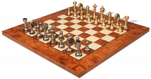 Classic Persian Staunton Solid Brass Chess Set with Elm Burl Chess Board - Image 1