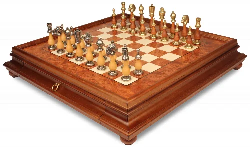 Large Italian Arabesque Staunton Metal & Wood Chess Set with Elm Burl Chess Case - Image 1