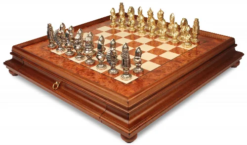 Medieval Theme Metal Chess Set with Elm Burl Chess Case - Image 1
