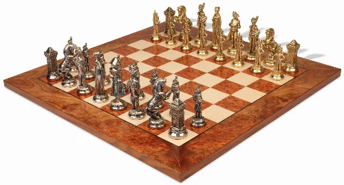 Large Napoleon Metal Chess Set with Elm Burl Chess Board - Image 1