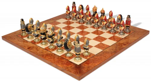 Medieval Theme Hand Painted Metal Chess Set with Elm Burl Chess Board - Image 1