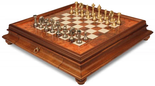 Classic Persian Staunton Solid Brass Chess with Elm Burl Chess Case - Image 1