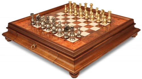 Classic French-Style Staunton Solid Brass Chess Set with Elm Burl Chess Case - Image 1