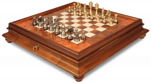 Classic Staunton Solid Brass Chess Set with Elm Burl Chess Case - Image 1