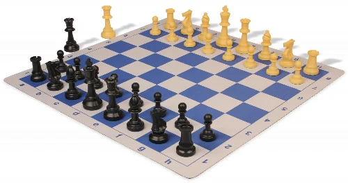 Weighted Standard Club Plastic Chess Set Black & Camel Pieces with Lightweight Floppy Board - Blue - Image 1