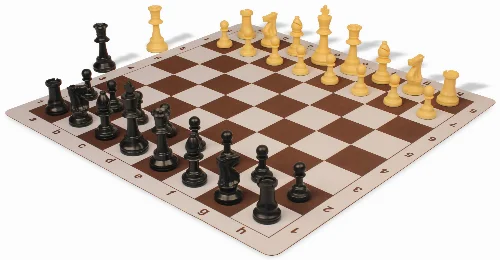 Weighted Standard Club Plastic Chess Set Black & Camel Pieces with Lightweight Floppy Board - Brown - Image 1