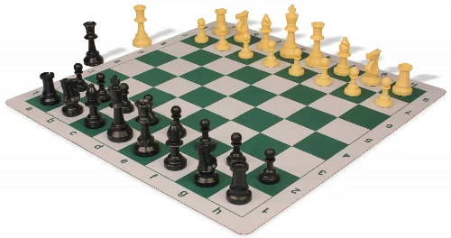 Weighted Standard Club Plastic Chess Set Black & Camel Pieces with Lightweight Floppy Board - Green - Image 1