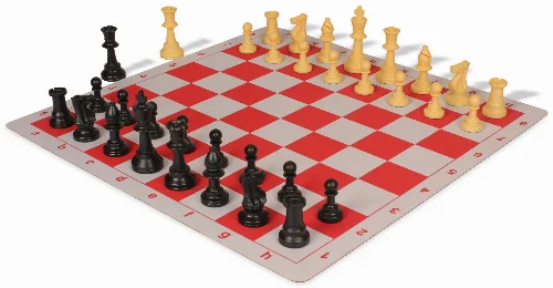 Weighted Standard Club Plastic Chess Set Black & Camel Pieces with Lightweight Floppy Board - Red - Image 1