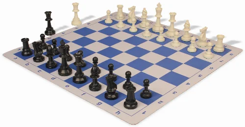 Weighted Standard Club Plastic Chess Set Black & Ivory Pieces with Lightweight Floppy Board - Blue - Image 1