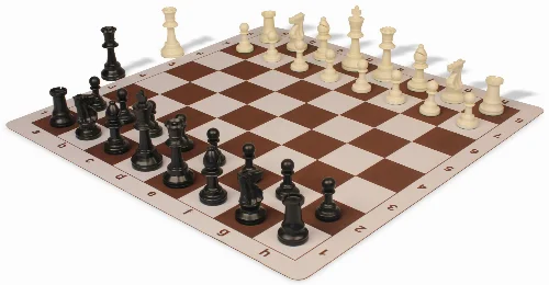 Weighted Standard Club Plastic Chess Set Black & Ivory Pieces with Lightweight Floppy Board - Brown - Image 1