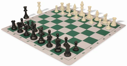 Weighted Standard Club Plastic Chess Set Black & Ivory Pieces with Lightweight Floppy Board - Green - Image 1
