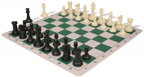 Professional Plastic Chess Set Black & Ivory Pieces with Lightweight Floppy Board - Green - Image 1