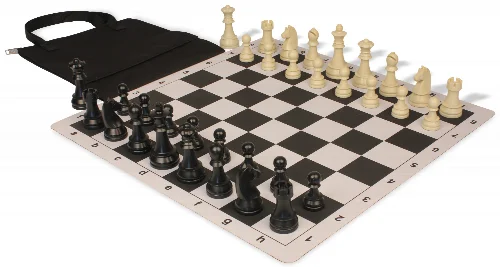 German Knight Easy-Carry Plastic Chess Set Black & Aged Ivory Pieces with Lightweight Floppy Board - Black - Image 1