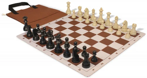 German Knight Easy-Carry Plastic Chess Set Black & Aged Ivory Pieces with Lightweight Floppy Board - Brown - Image 1